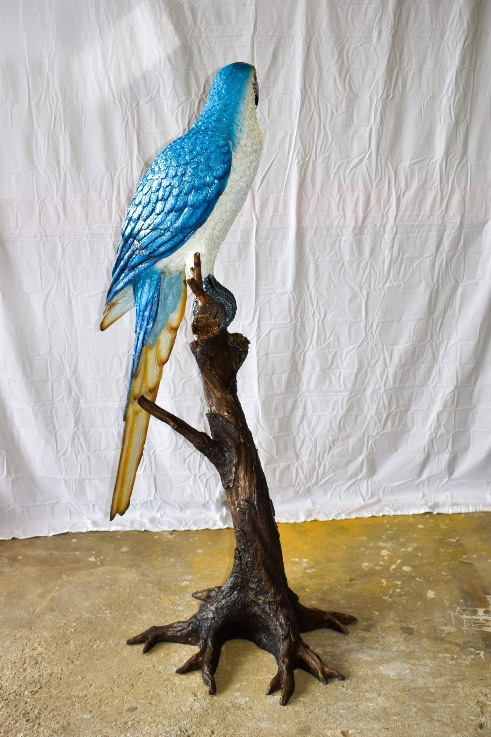 Giant Blue and White Parrot Standing on A Tree Bronze Statue 30" x 24" x 66"H - 10