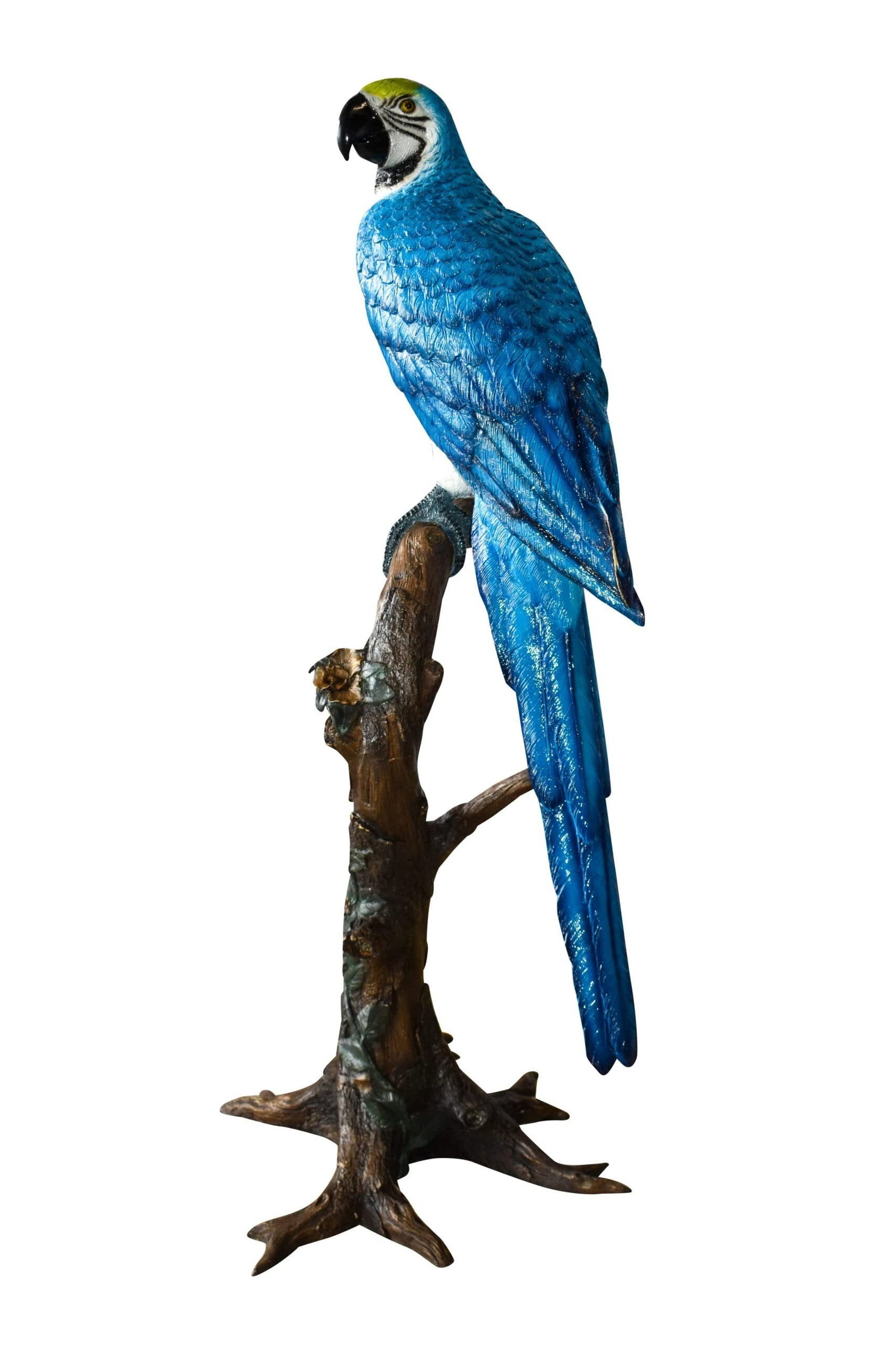 Giant Blue and White Parrot Standing on A Tree Bronze Statue 30" x 24" x 66"H: Title:Giant Blue and White Parrot Standing on A Tree Bronze Statue 30" x 24" x 66"H Description:A giant parrot made of bronzed metal perched on a stand with hand-painted finish. This extraordinary scu