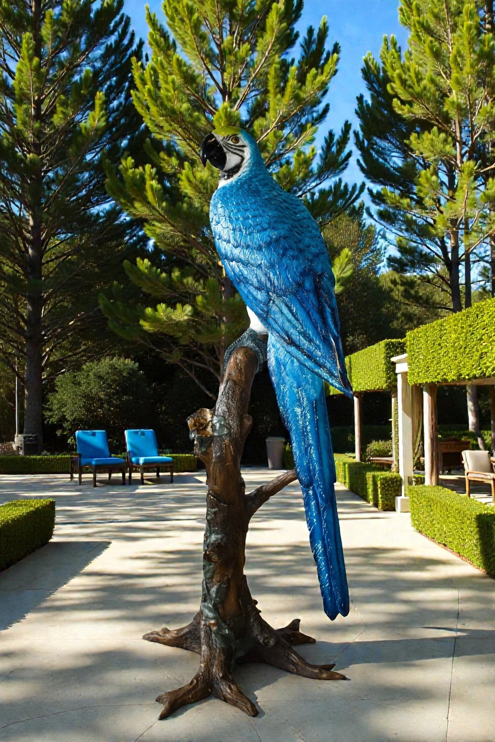 Giant Blue and White Parrot Standing on A Tree Bronze Statue 30" x 24" x 66"H - 2