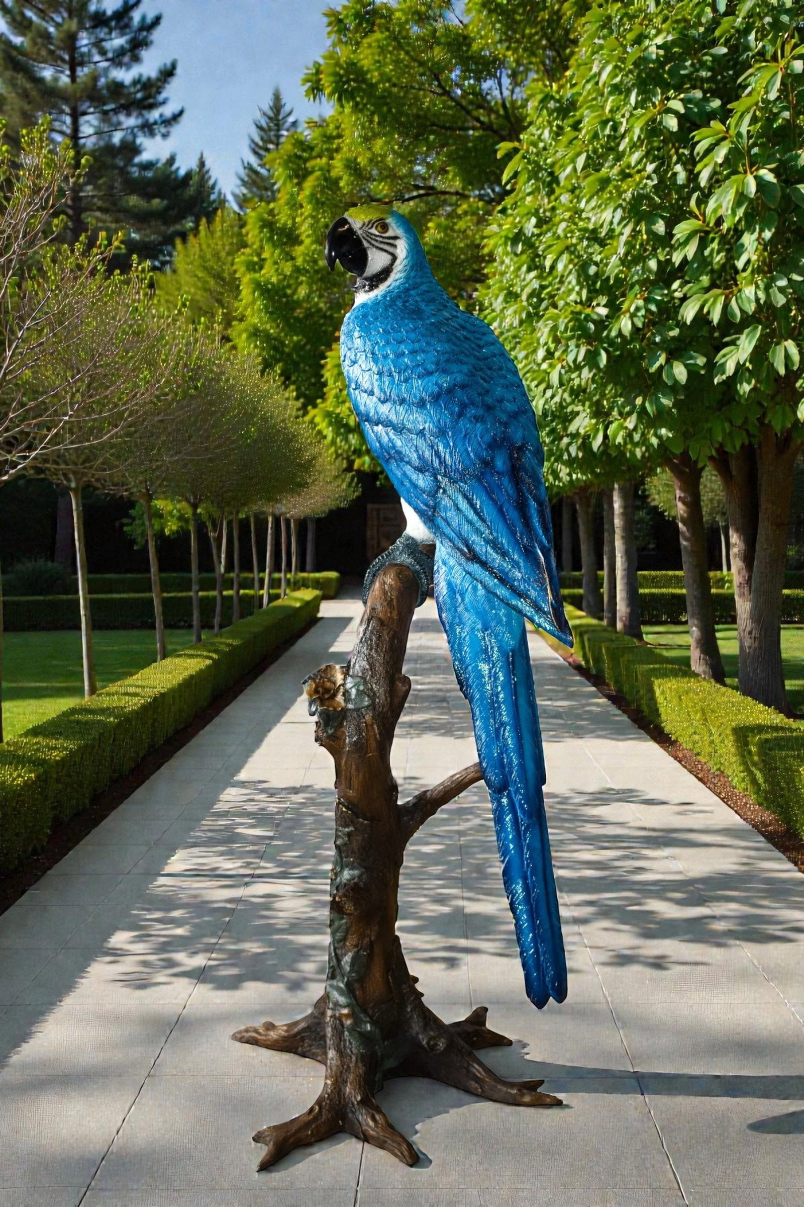 Giant Blue and White Parrot Standing on A Tree Bronze Statue 30" x 24" x 66"H - 3