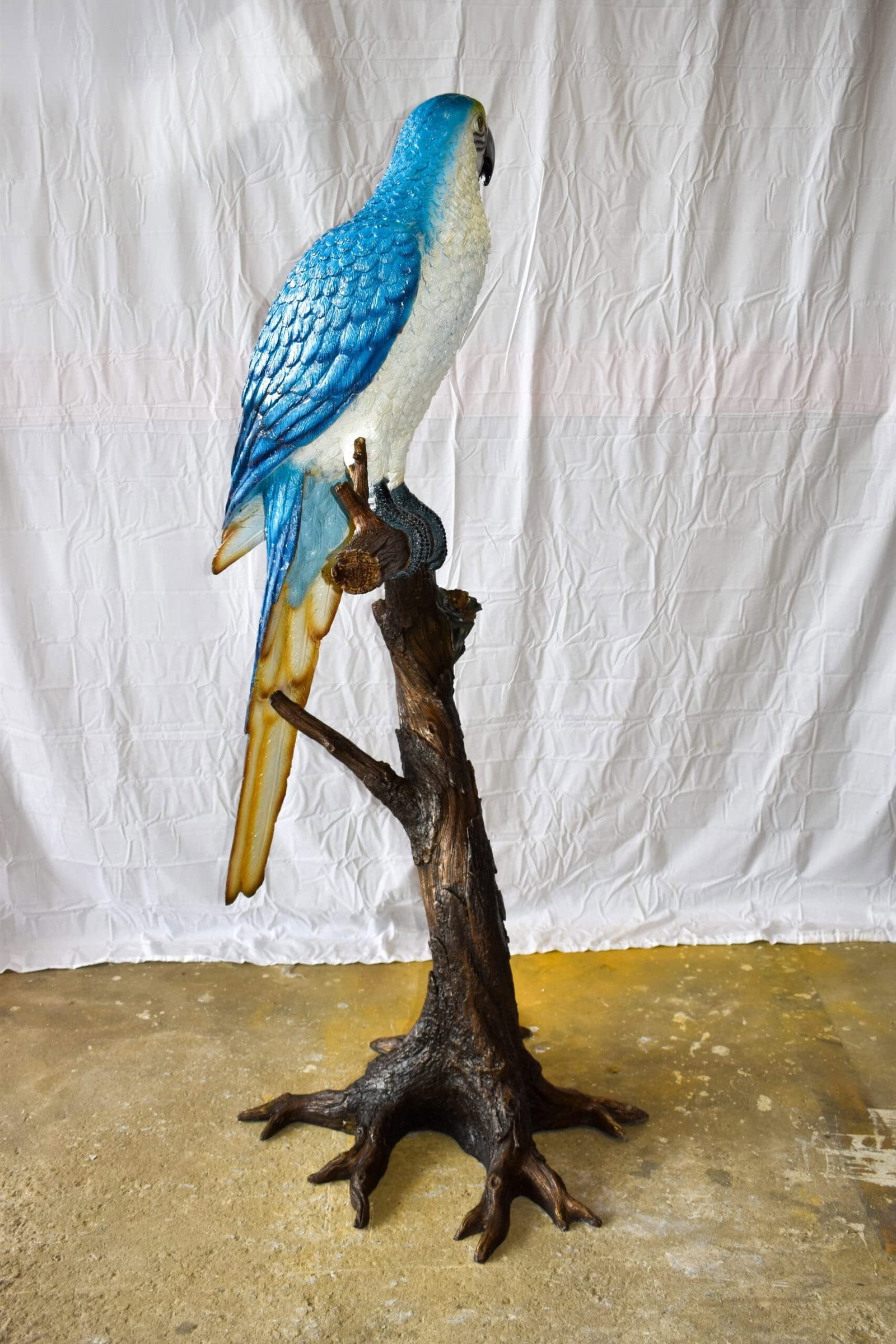Giant Blue and White Parrot Standing on A Tree Bronze Statue 30" x 24" x 66"H - 4