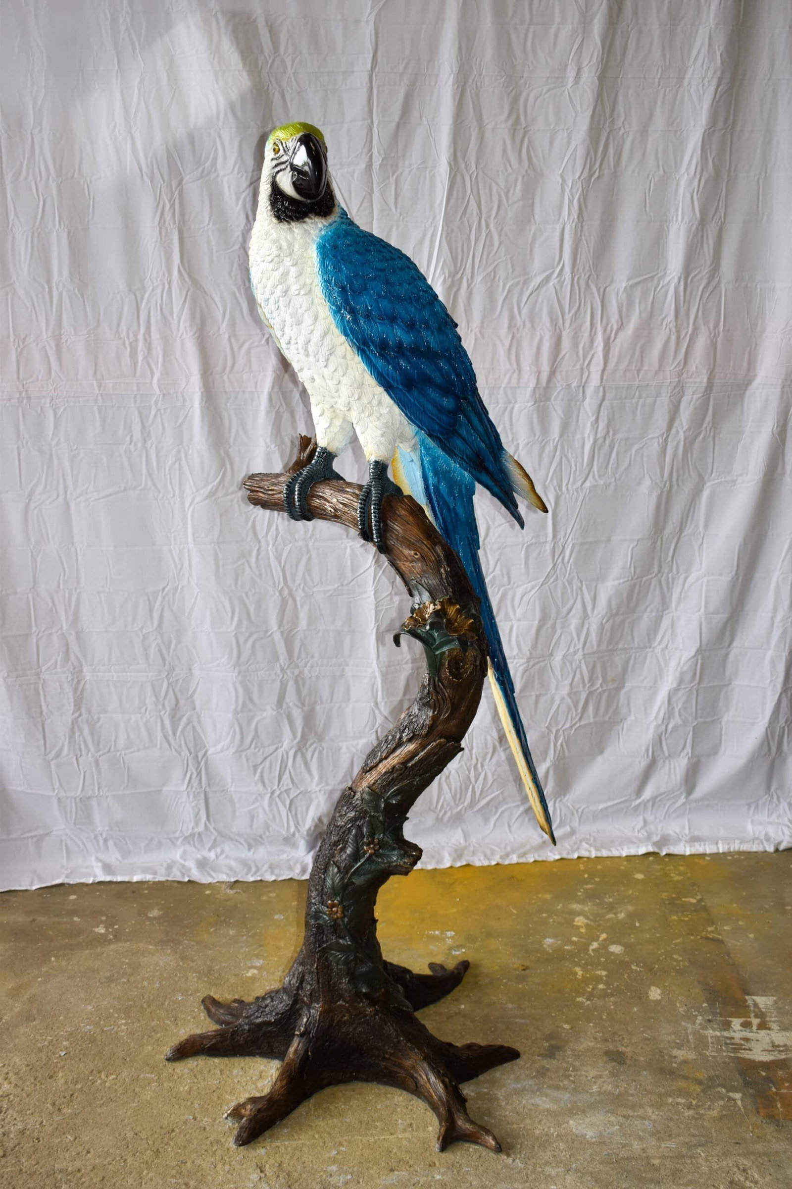 Giant Blue and White Parrot Standing on A Tree Bronze Statue 30" x 24" x 66"H - 6
