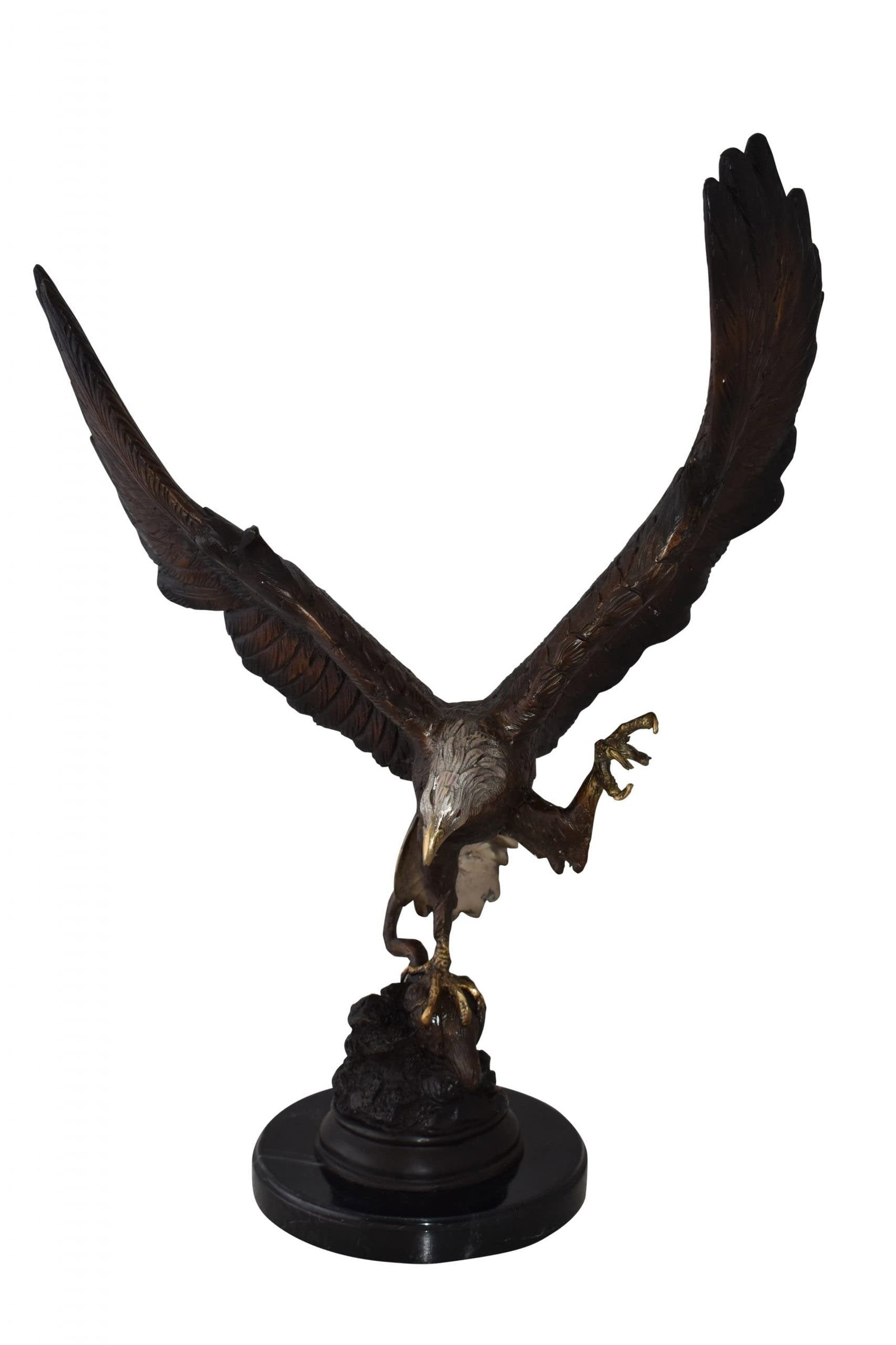 Eagle In Action Trying to Catch His Prey Bronze Statue Size: 17" x 10" x 23"H: Title:Eagle In Action Trying to Catch His Prey Bronze Statue Size: 17" x 10" x 23"H Description:This charming bronze statue depicts the American bald eagle. The eagle head captures the essence of the