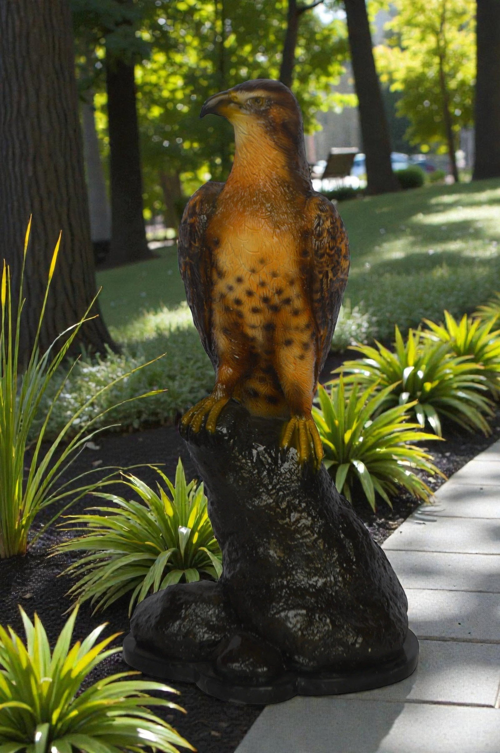 Hawk on a Rock bronze statue - Size: 12"L x 9"W x 22"H. - 2