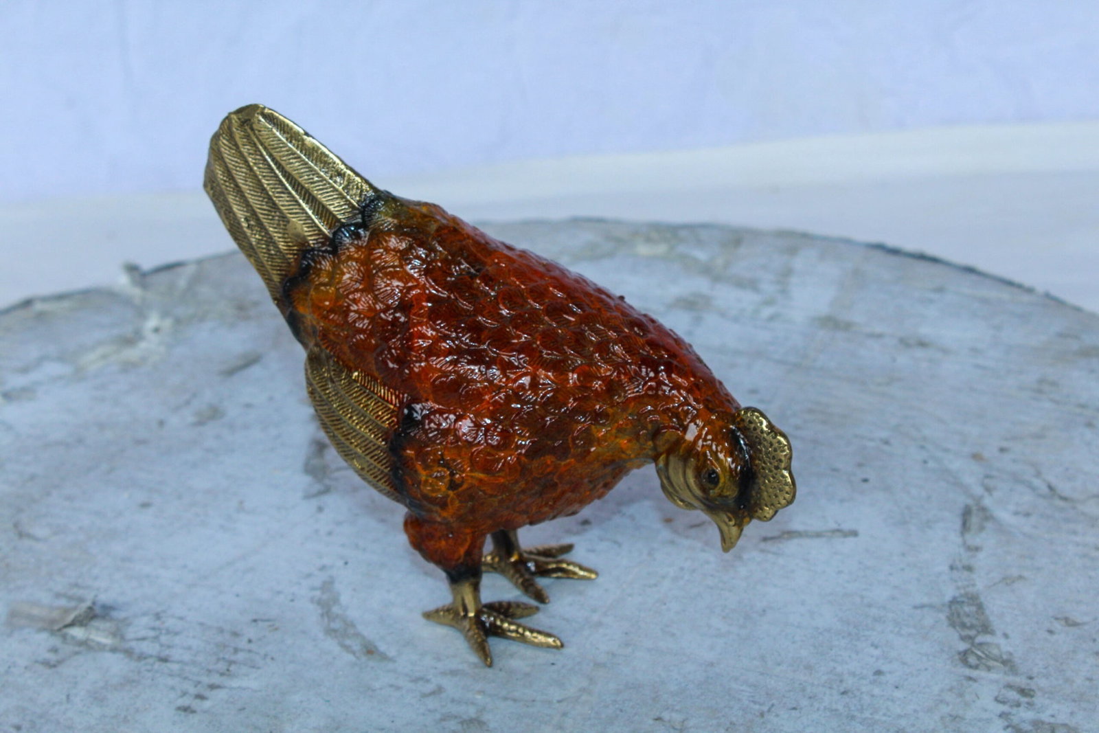 Bronze Chicken Figurine – Red Enamel Farmhouse Decor Sculpture with Gold-Toned Wings & Tail – - 2