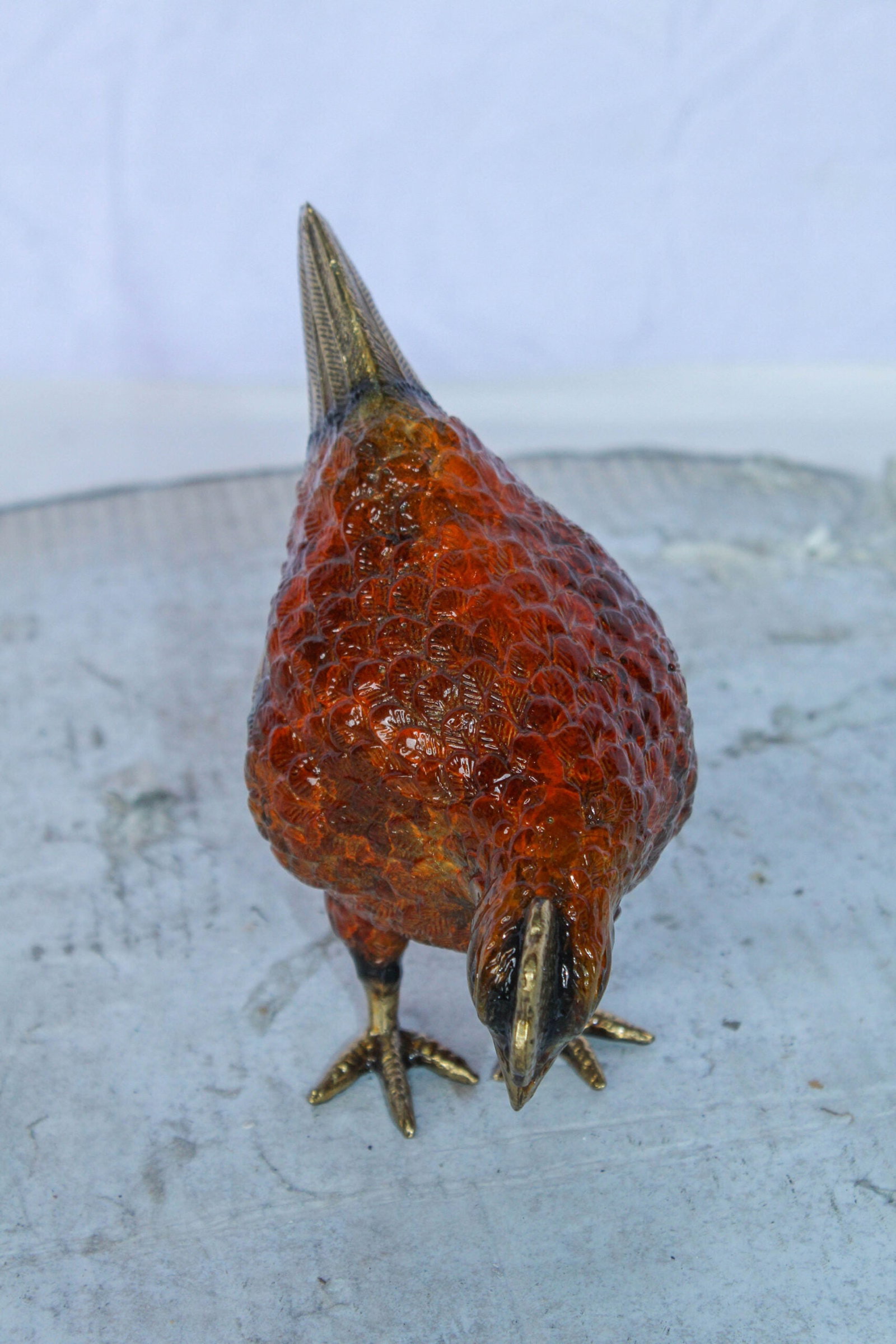 Bronze Chicken Figurine – Red Enamel Farmhouse Decor Sculpture with Gold-Toned Wings & Tail – - 3