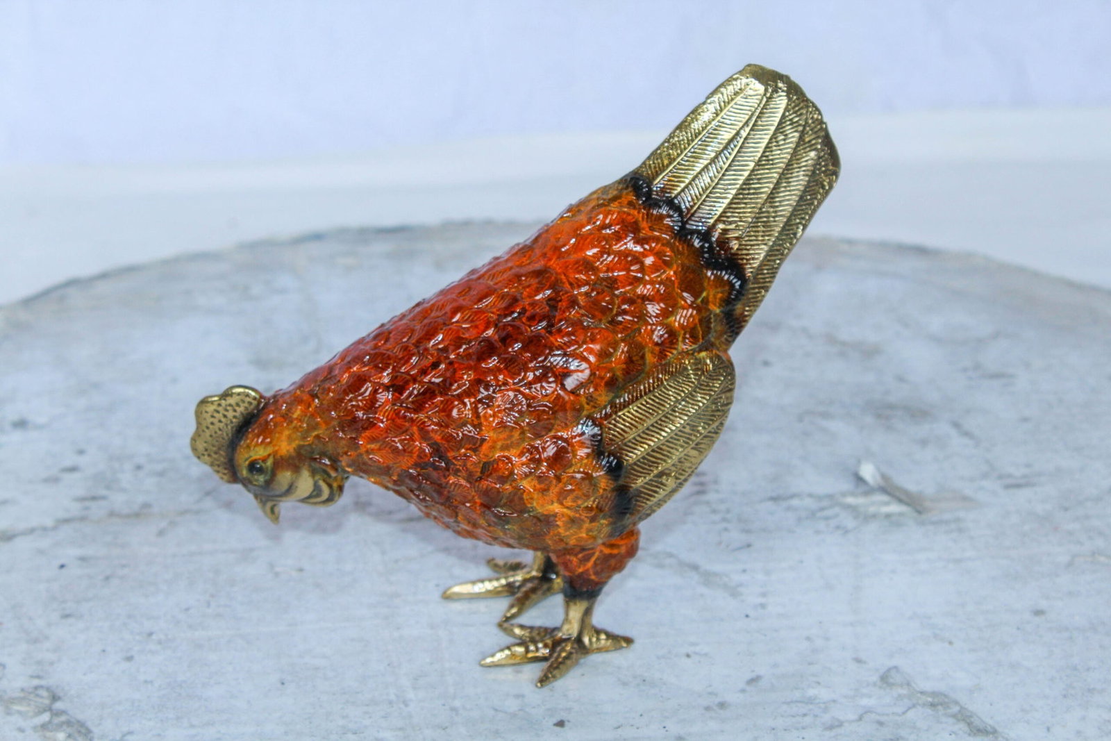 Bronze Chicken Figurine – Red Enamel Farmhouse Decor Sculpture with Gold-Toned Wings & Tail – - 5