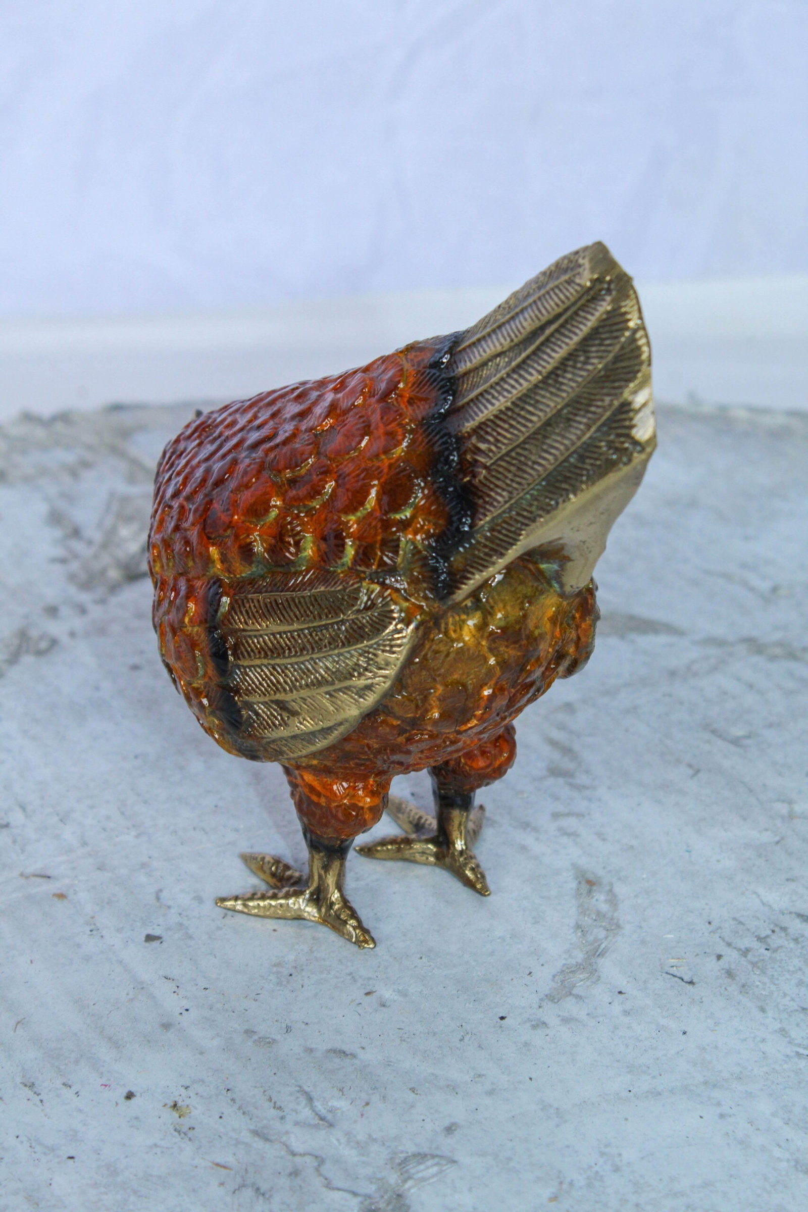 Bronze Chicken Figurine – Red Enamel Farmhouse Decor Sculpture with Gold-Toned Wings & Tail – - 6
