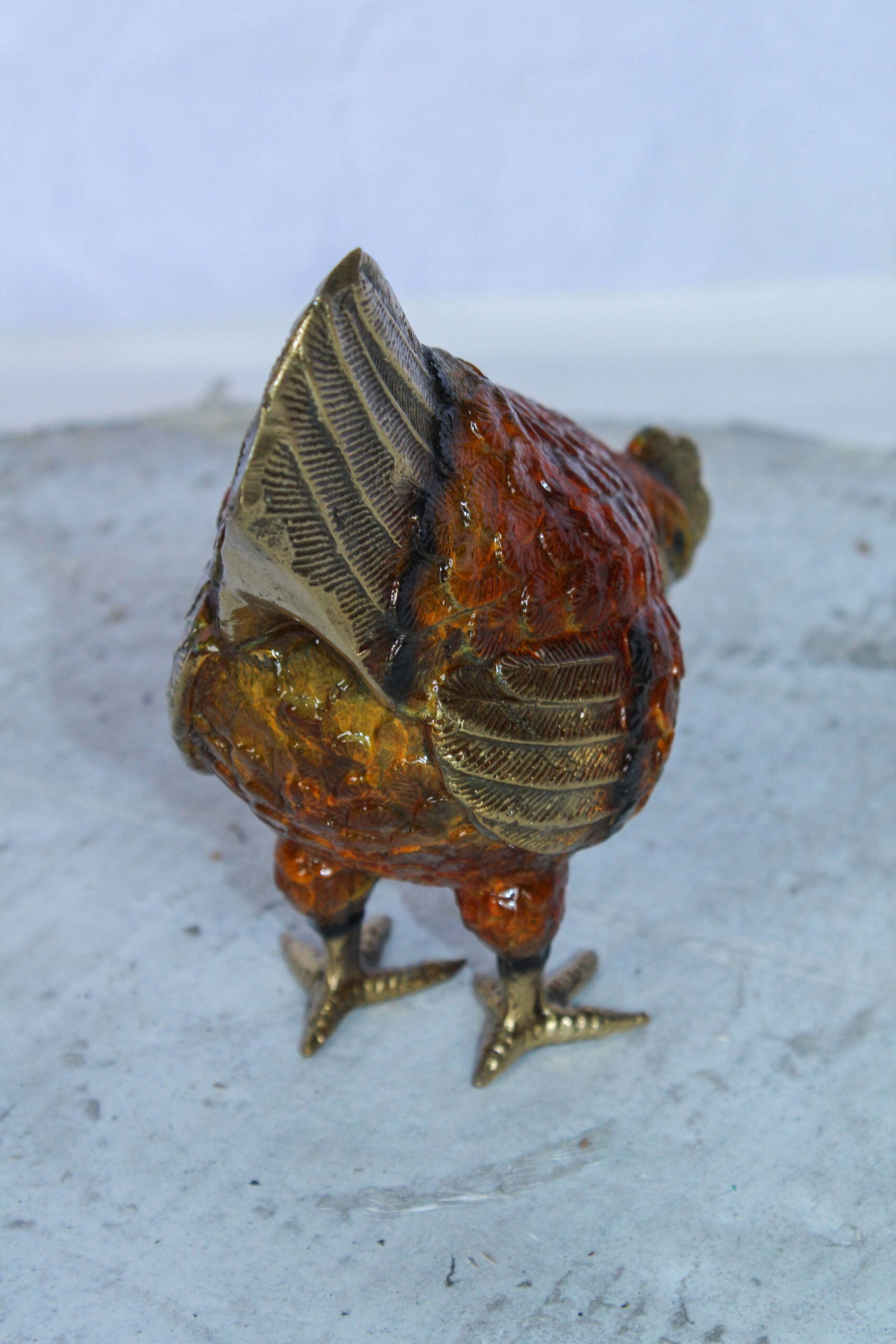Bronze Chicken Figurine – Red Enamel Farmhouse Decor Sculpture with Gold-Toned Wings & Tail – - 7