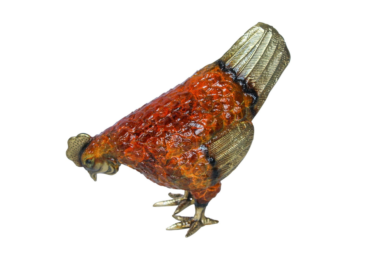 Bronze Chicken Figurine – Red Enamel Farmhouse Decor Sculpture with Gold-Toned Wings & Tail – - 8