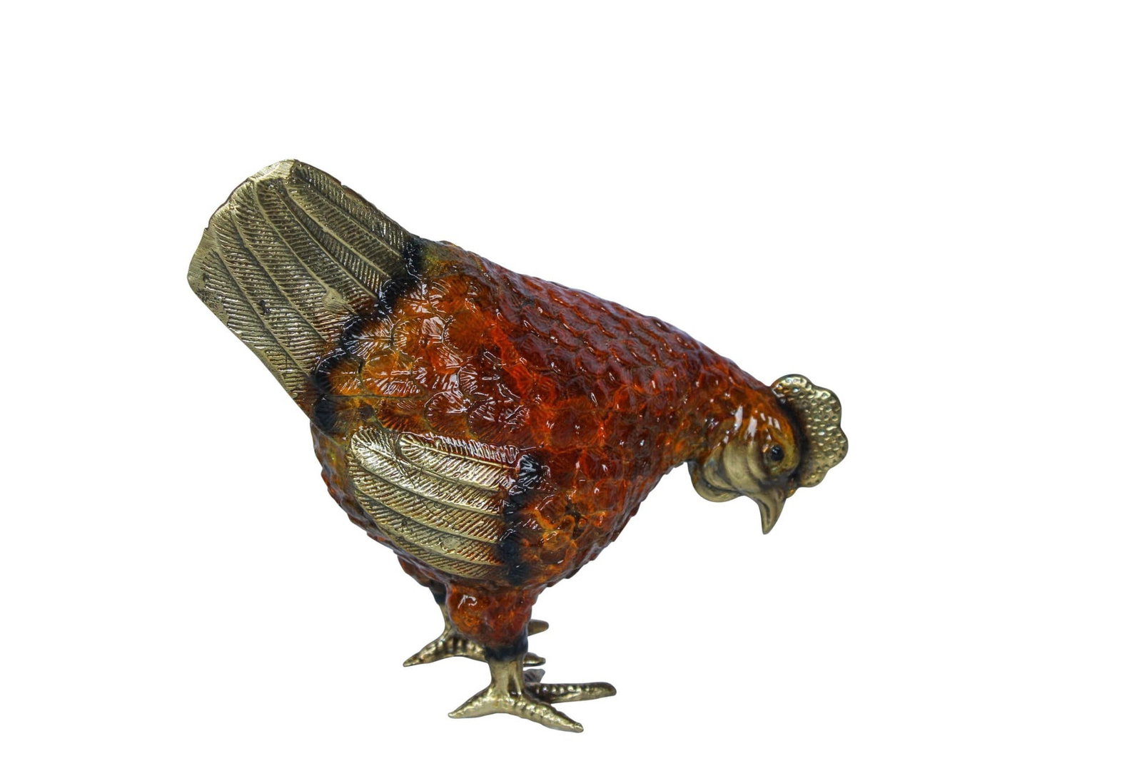 Bronze Chicken Figurine – Red Enamel Farmhouse Sculpture with Gold-Toned Wings & Tail –: Title:Bronze Chicken Figurine – Red Enamel Farmhouse Sculpture with Gold-Toned Wings & Tail – Handcrafted Lost Wax Casting – Rustic Kitchen & Country Home Decor Collectible 8" x 4"