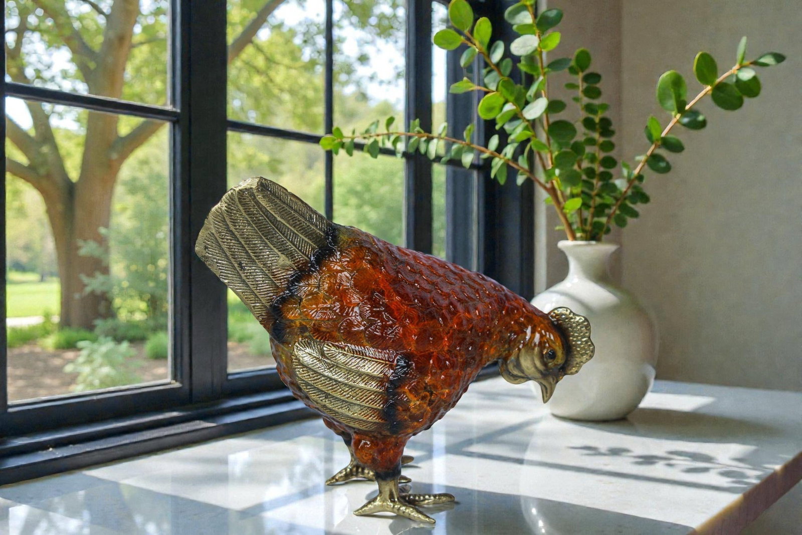 Bronze Chicken Figurine – Red Enamel Farmhouse Sculpture with Gold-Toned Wings & Tail – - 2