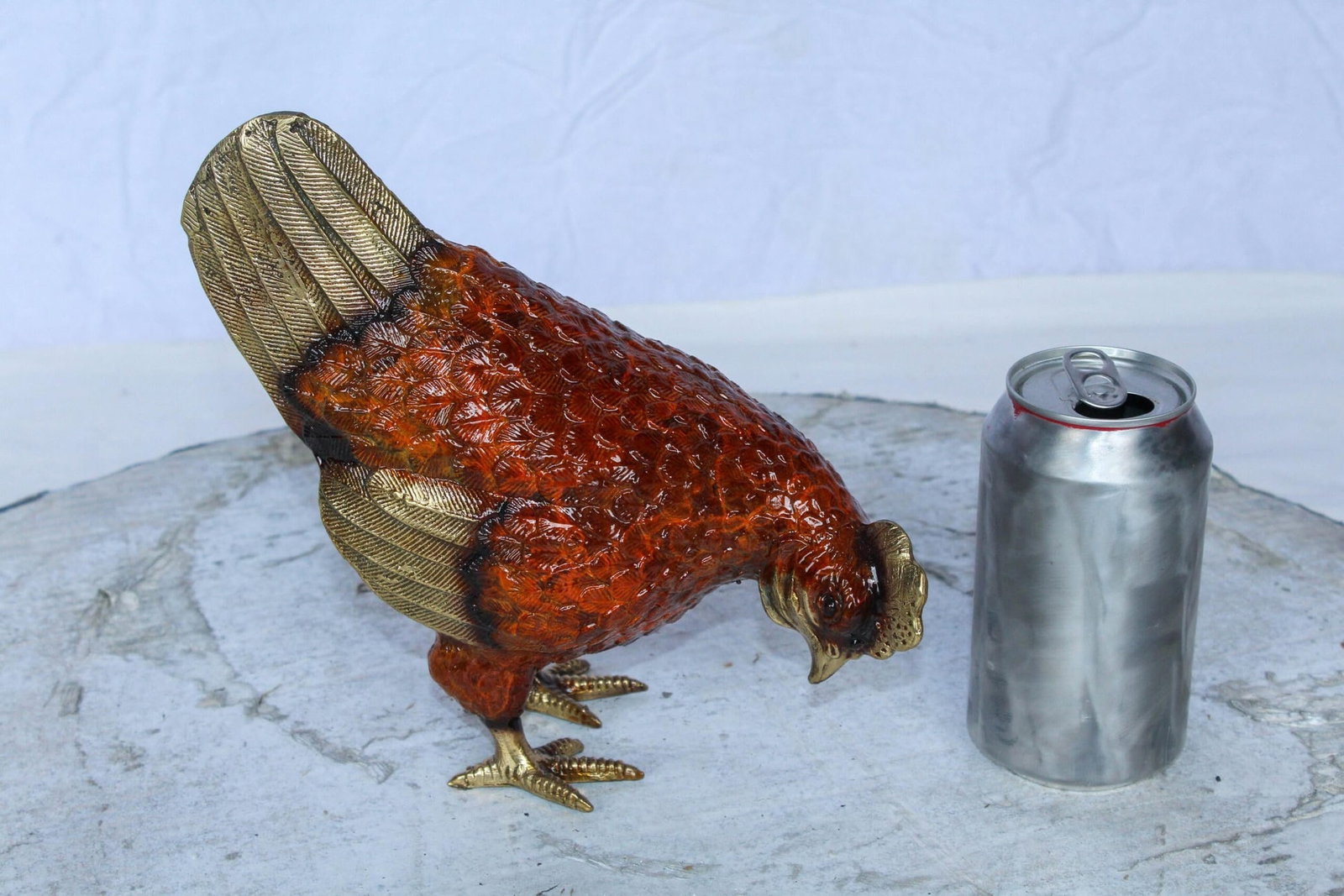 Bronze Chicken Figurine – Red Enamel Farmhouse Sculpture with Gold-Toned Wings & Tail – - 3