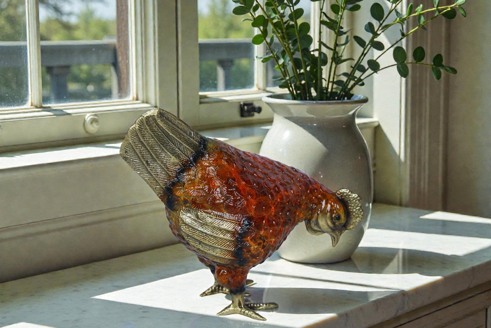Bronze Chicken Figurine – Red Enamel Farmhouse Sculpture with Gold-Toned Wings & Tail – - 4