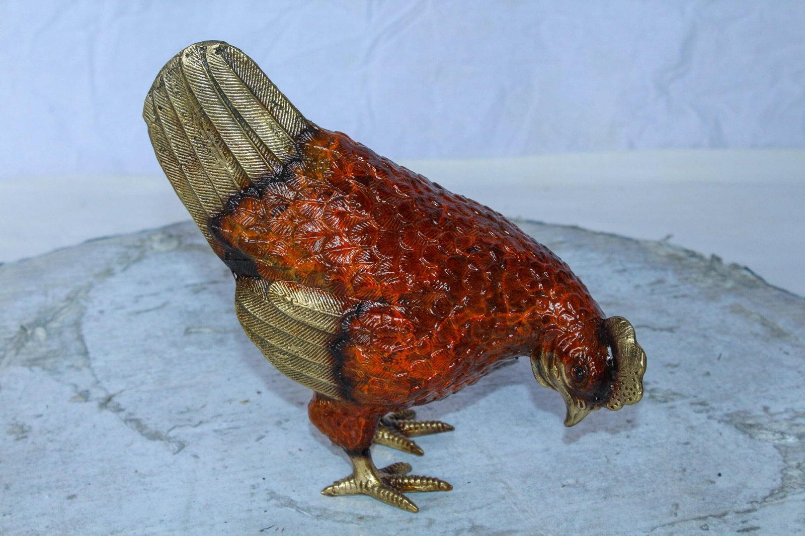 Bronze Chicken Figurine – Red Enamel Farmhouse Sculpture with Gold-Toned Wings & Tail – - 5