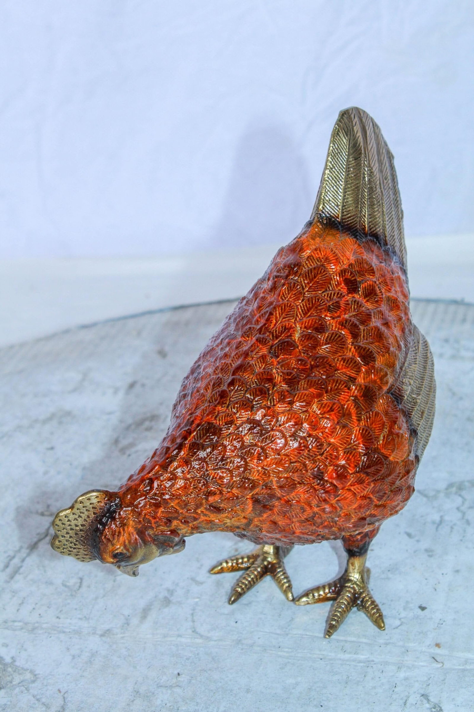Bronze Chicken Figurine – Red Enamel Farmhouse Sculpture with Gold-Toned Wings & Tail – - 7