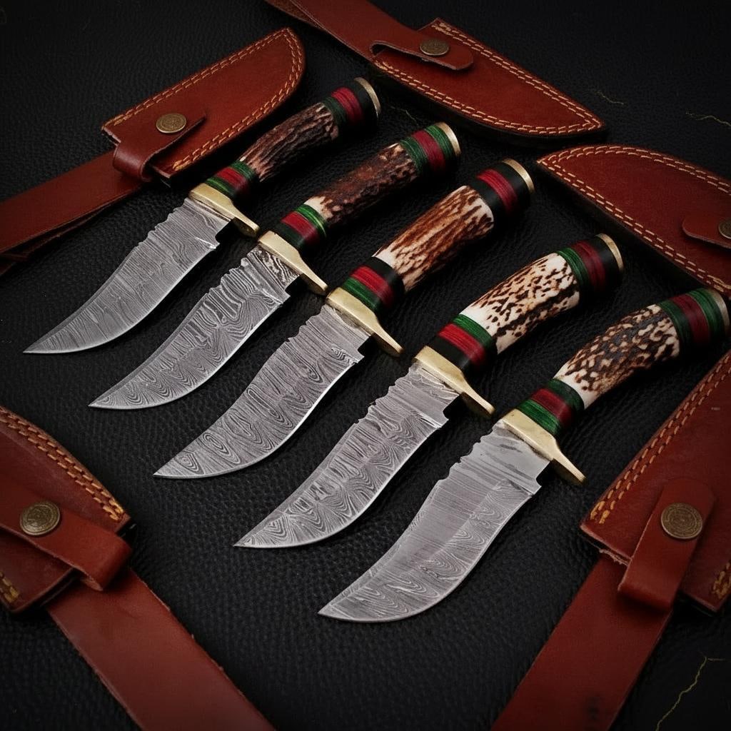 Set of 2 Handmade 8" Damascus Steel Skinner Hunting Knives with Stag Antler Handles: Title:Set of 2 Handmade 8" Damascus Steel Skinner Hunting Knives with Stag Antler Handles Description:This listing is for a set of two handcrafted skinner hunting knives, each featuring a unique
