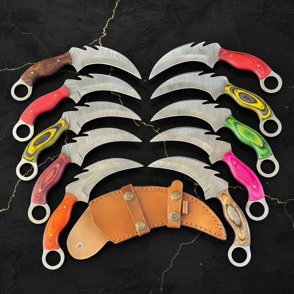 10 Pc Handmade Damascus Steel Karambit Knives Pakkawood Handle Set D255: Title:10 Pc Handmade Damascus Steel Karambit Knives Pakkawood Handle Set D255 Description:This lot includes 10 handmade Damascus steel Karambit hunting knives. Each knife features a curved blade