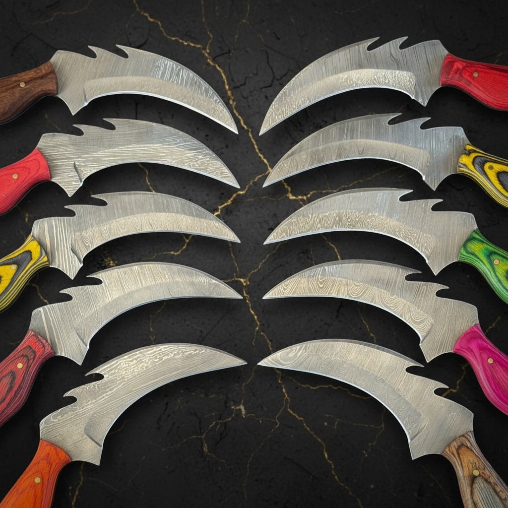 10 Pc Handmade Damascus Steel Karambit Knives Pakkawood Handle Set D255 - 2