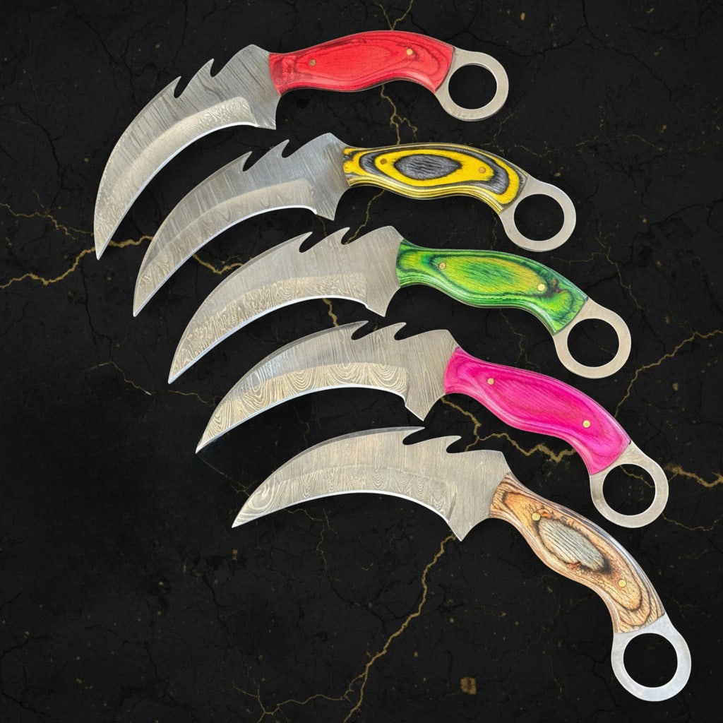 10 Pc Handmade Damascus Steel Karambit Knives Pakkawood Handle Set D255 - 3