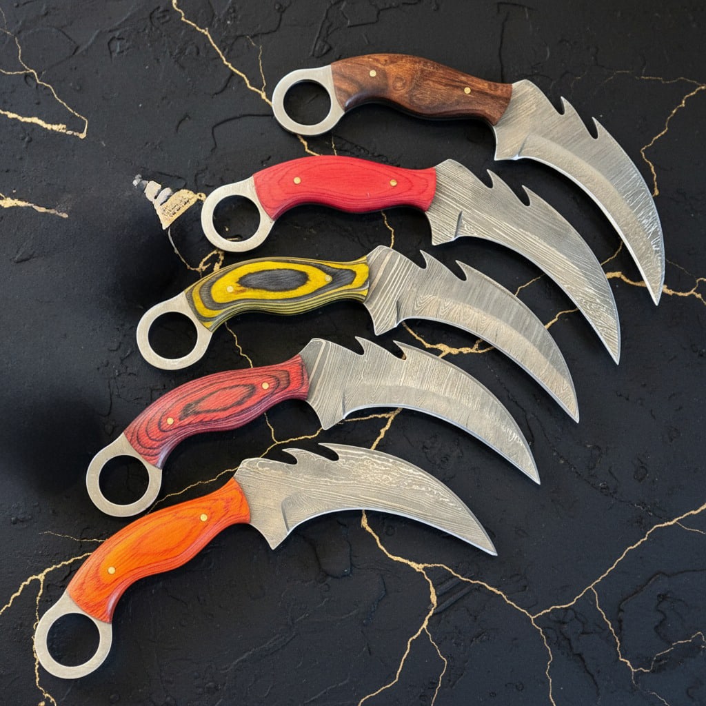 10 Pc Handmade Damascus Steel Karambit Knives Pakkawood Handle Set D255 - 4