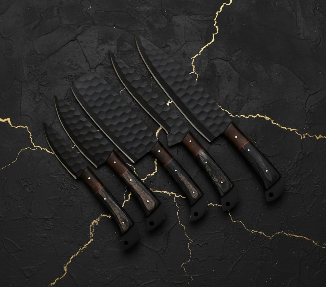 5pc Hand Forged Carbon Steel Kitchen Knife Set with Sheaths Custom Cutlery: Title:5pc Hand Forged Carbon Steel Kitchen Knife Set with Sheaths Custom Cutlery Description:This 5-piece kitchen chef knife set features handmade blades constructed from black-coated stainless