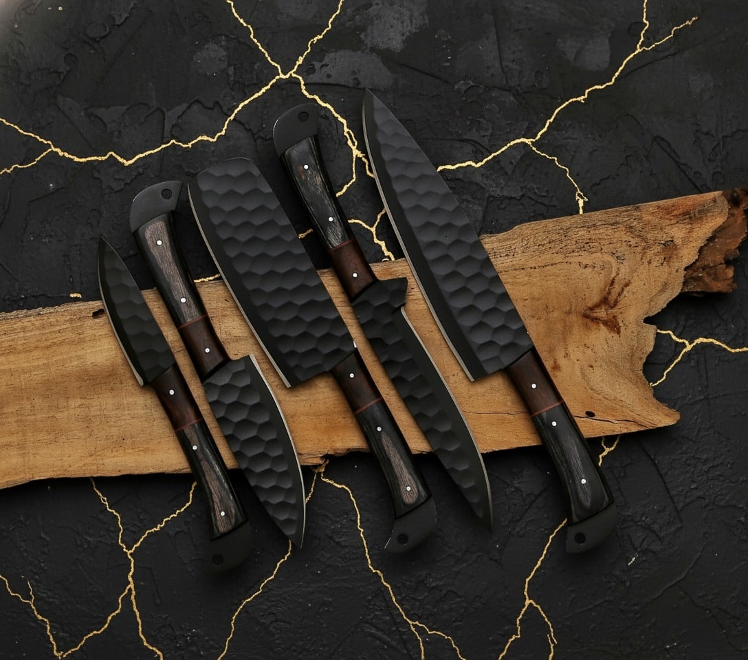 5pc Hand Forged Carbon Steel Kitchen Knife Set with Sheaths Custom Cutlery - 2