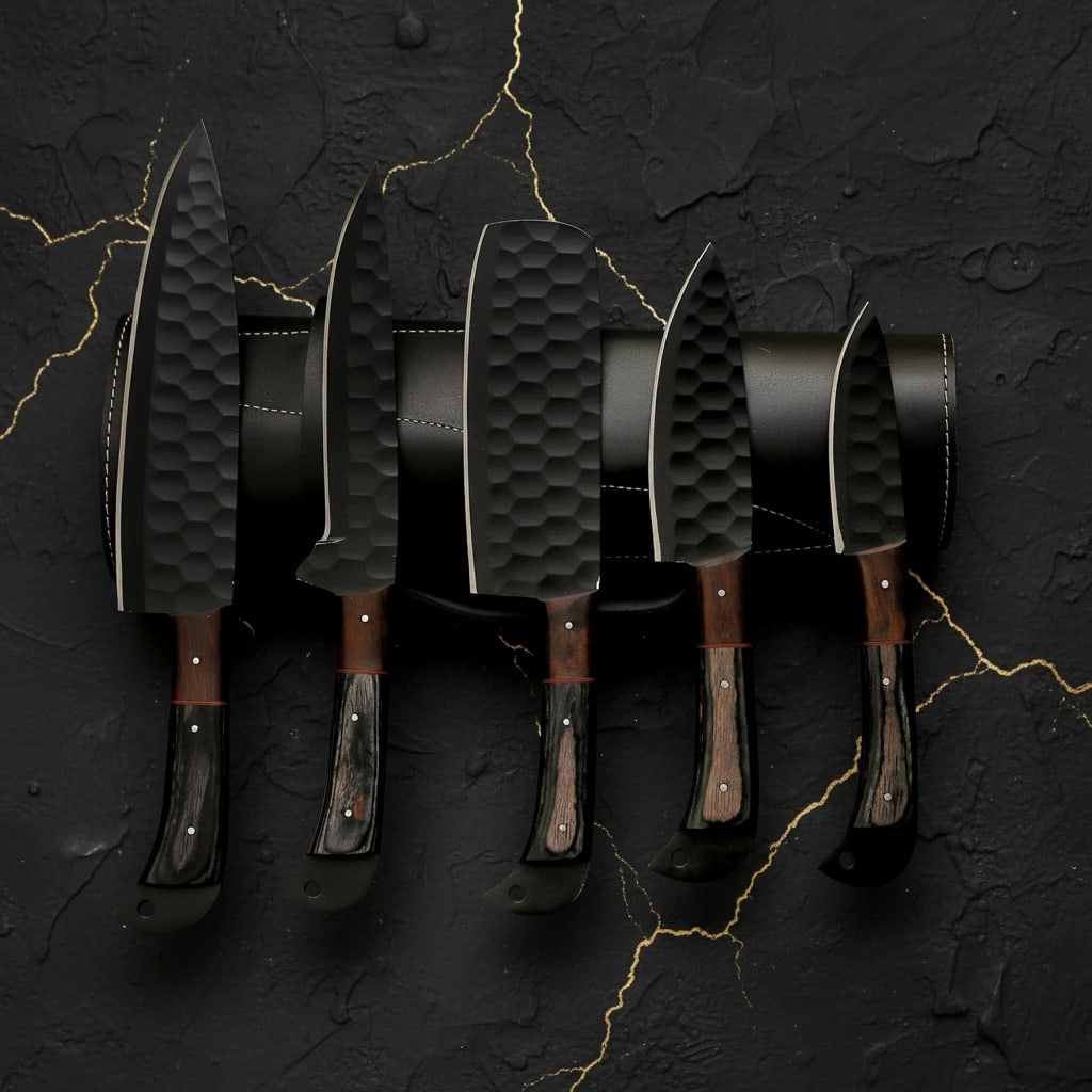 5pc Hand Forged Carbon Steel Kitchen Knife Set with Sheaths Custom Cutlery - 5