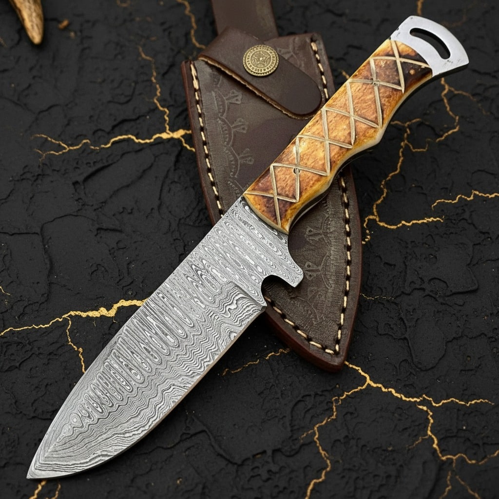 Handmade Damascus Steel Survival Hunting Knife with Leather Sheath Case: Title:Handmade Damascus Steel Survival Hunting Knife with Leather Sheath Case Description:This hand-forged folding knife features a high-quality Damascus steel blade designed for hunting and