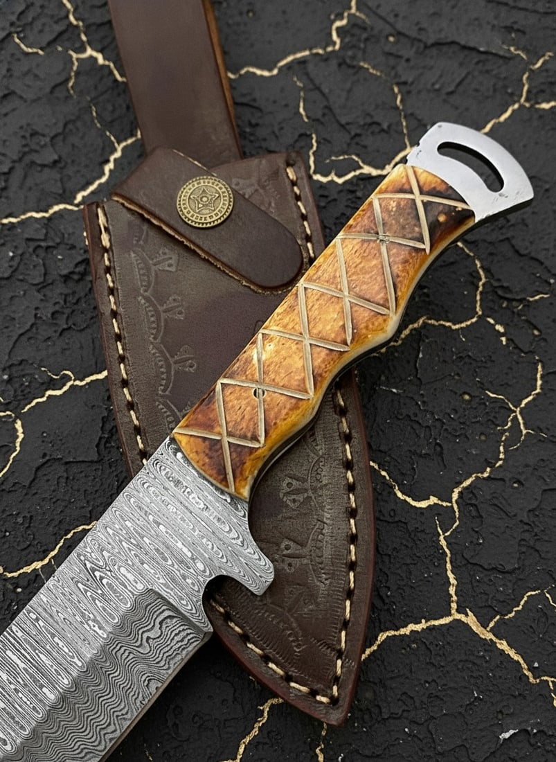 Handmade Damascus Steel Survival Hunting Knife with Leather Sheath Case - 2