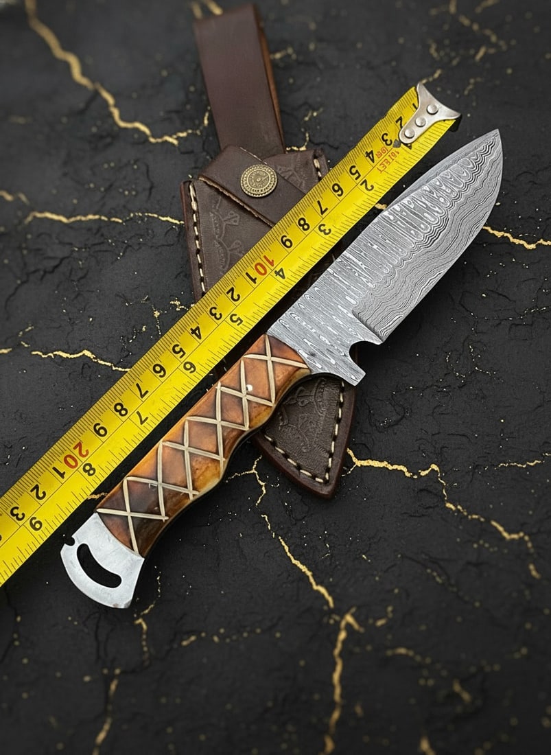 Handmade Damascus Steel Survival Hunting Knife with Leather Sheath Case - 7