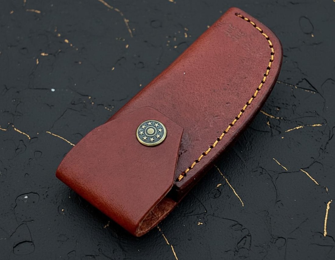 Hand Forged Damascus Steel Pocket Knife with Black Horn, Red Wood & Brass Accents - 5