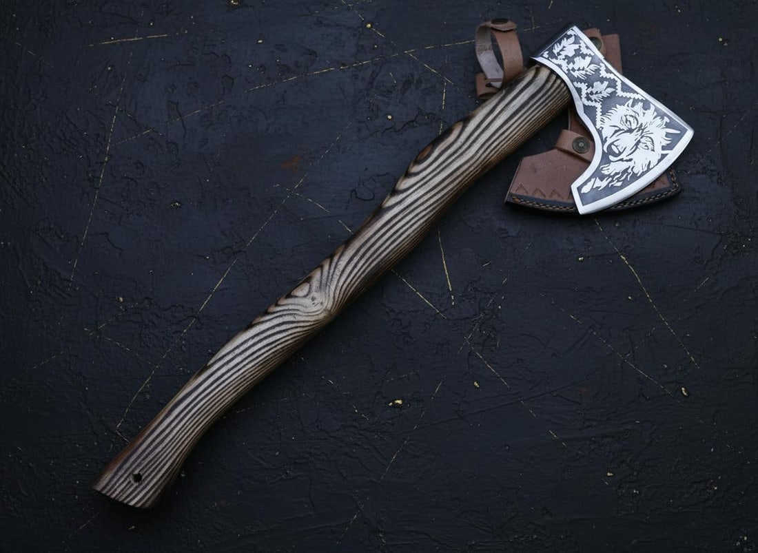 Hand Forged Viking Axe Tomahawk with Engraved Ash Wood Handle & Leather Sheath (1 of 9)