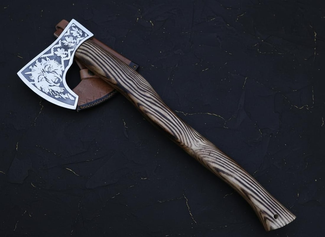 Hand Forged Viking Axe Tomahawk with Engraved Ash Wood Handle & Leather Sheath - 3