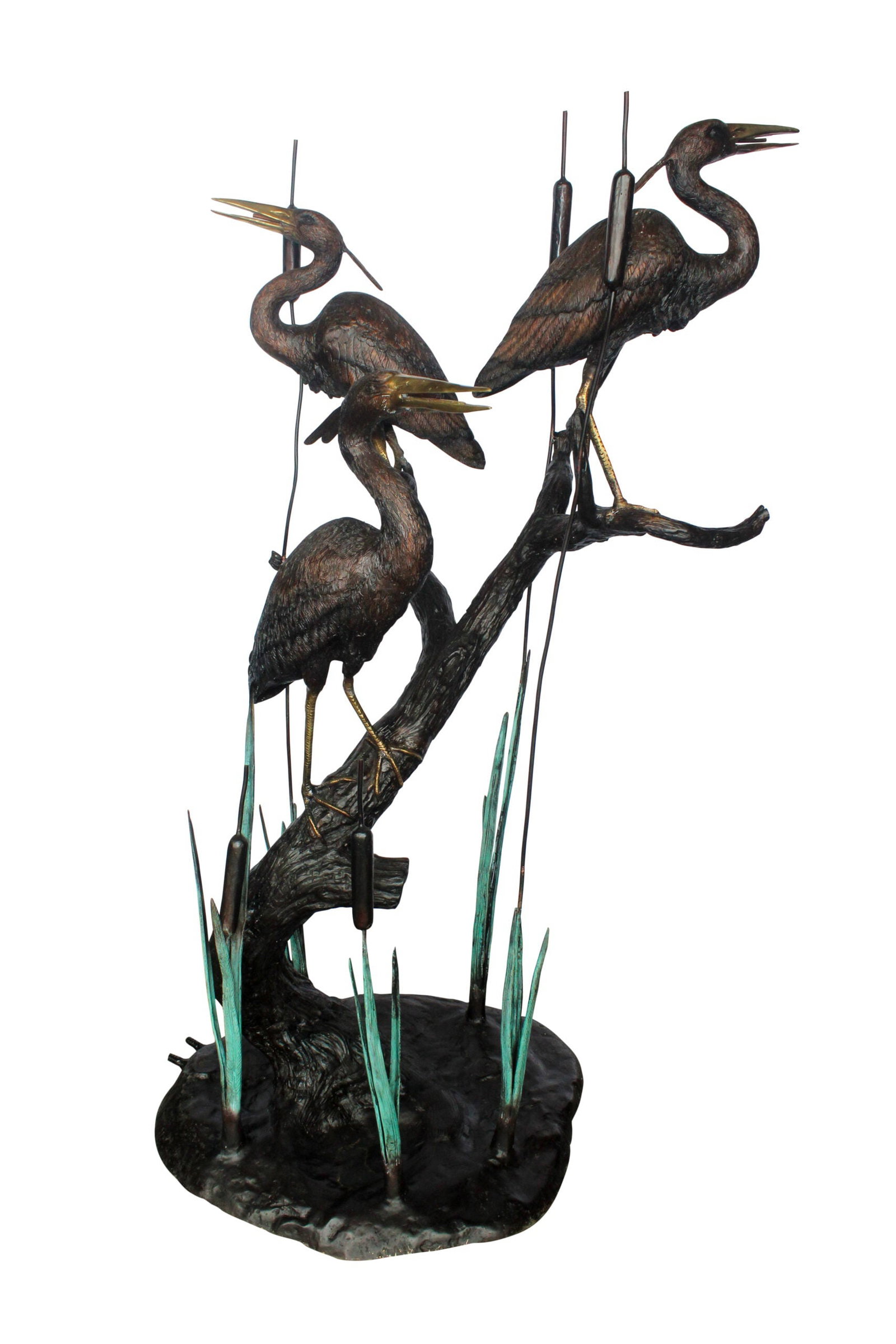 Three Life Sized Pelicans Standing, A Giant Bronze Fountain 38" x 32" x 71"H: Title:Three Life Sized Pelicans Standing, A Giant Bronze Fountain 38" x 32" x 71"H Description:This giant bronze fountain features three life-sized pelicans standing, crafted using the traditional los