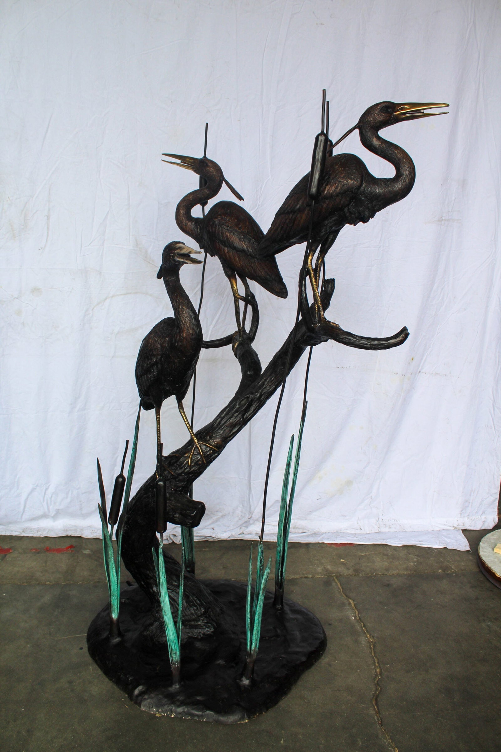 Three Life Sized Pelicans Standing, A Giant Bronze Fountain 38" x 32" x 71"H - 4
