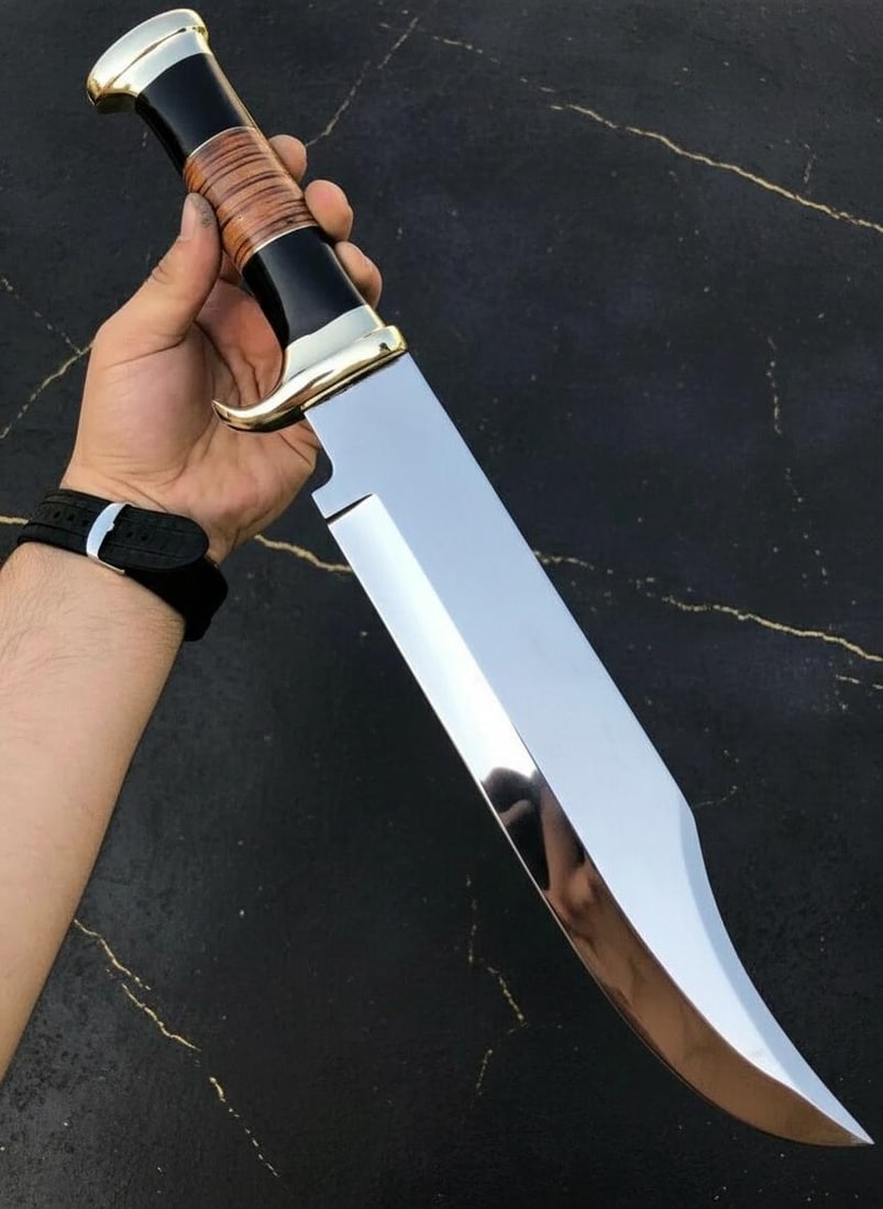 Large Hand Forged Damascus Bowie Knife 18in Crocodile Dundee Style Bull Horn Handle: Title:Large Hand Forged Damascus Bowie Knife 18in Crocodile Dundee Style Bull Horn Handle Description:This listing is for a substantial, handmade Bowie knife inspired by the classic Crocodile Dundee