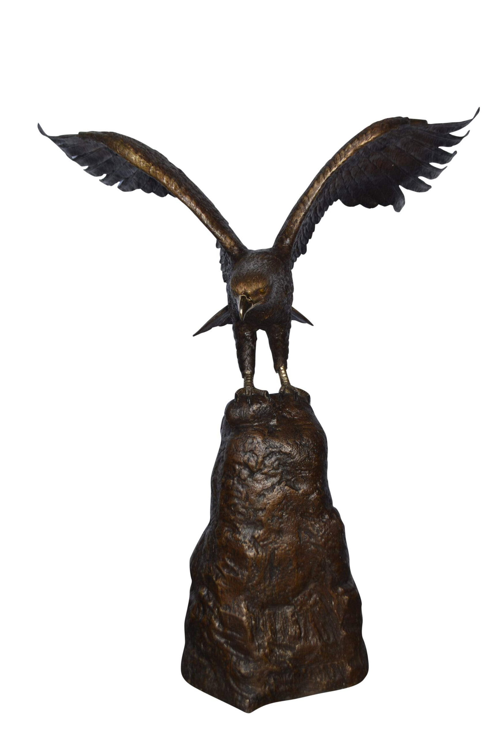 Eagle Landing on a Rock Bronze Statue - Size: 51"L x 36"W x 58"H.: Title:Eagle Landing on a Rock Bronze Statue - Size: 51"L x 36"W x 58"H. Description:This charming large size bronze statue depicts the American bald eagle. The eagle head captures the essence of the m