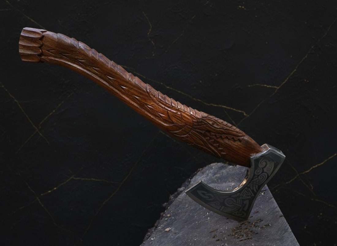 Hand Forged Viking Axe 21" Carbon Steel Blade with Engraved Dragon Wood Handle - 10