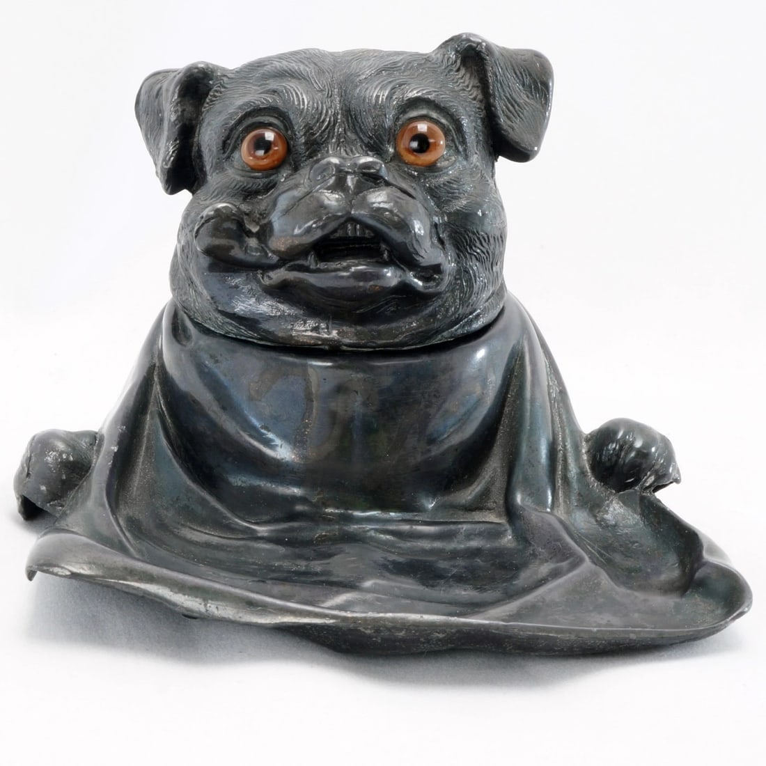 Antique Inkwell Jennings Brothers Pug Dog: Title:Antique Inkwell Jennings Brothers Pug Dog Size:5 ½ in (14.0 cm) wide x 5 1/2 in (14.0 cm) deep x 3 ¾ in (9.5 cm) tall. Description:An adorable inkwell of a pug dog smoking a pipe