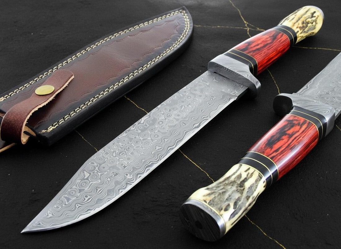Custom Forged Damascus Steel Bowie Knife 13.5" with Stag Horn & Wood Handle for Hunting: Title:Custom Forged Damascus Steel Bowie Knife 13.5" with Stag Horn & Wood Handle for Hunting Description:This listing is for a custom, hand-forged Bowie knife designed for hunting, camping, and