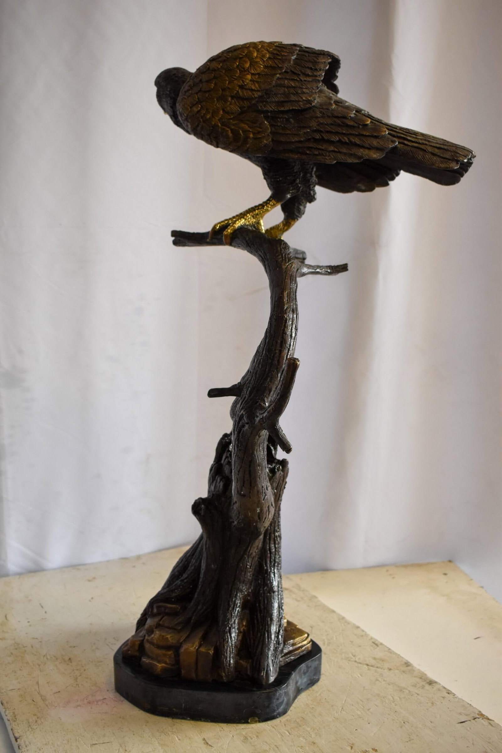 Observant Hawk on Arched Branch Bronze Statue 17" x 19" x 32"H - 10