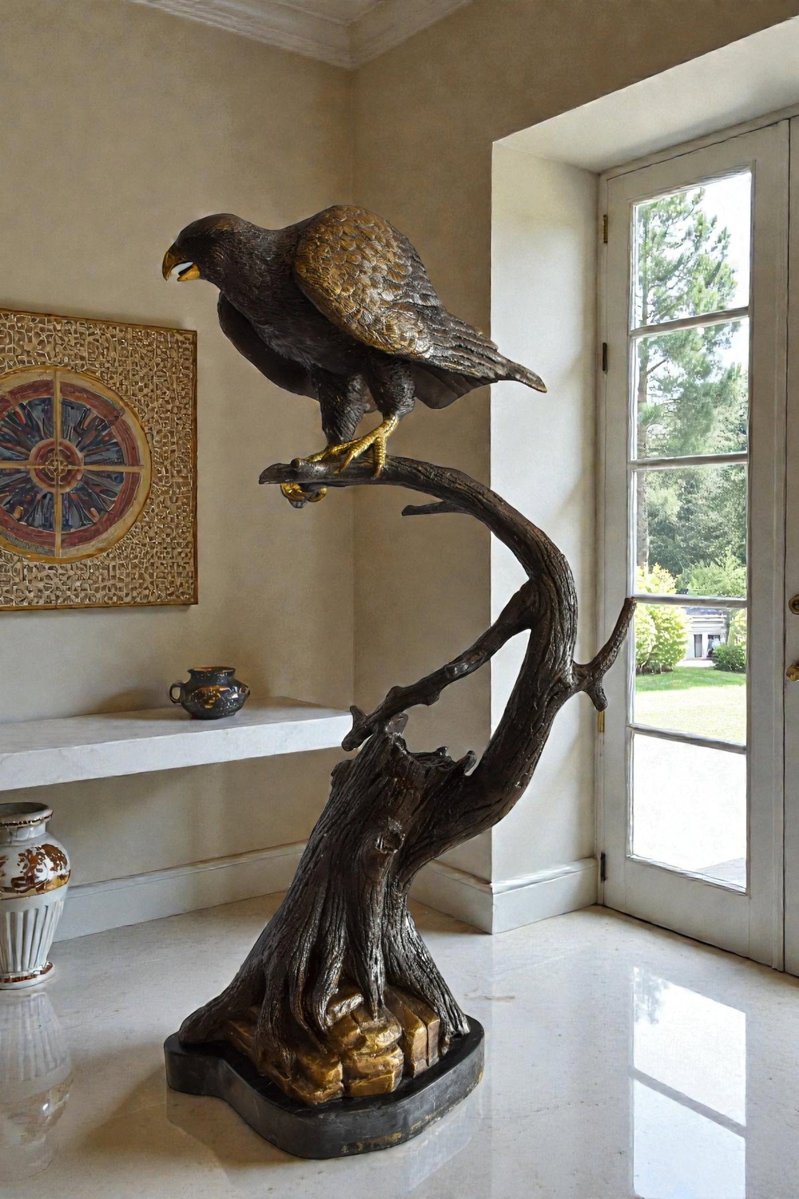 Observant Hawk on Arched Branch Bronze Statue 17" x 19" x 32"H - 2