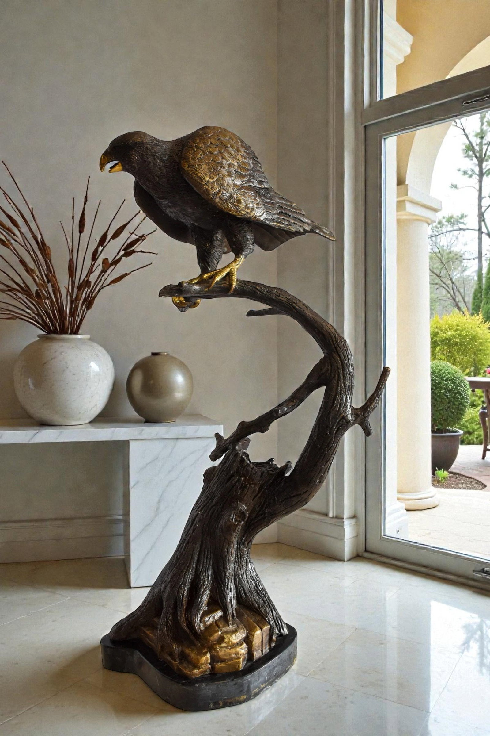 Observant Hawk on Arched Branch Bronze Statue 17" x 19" x 32"H - 3