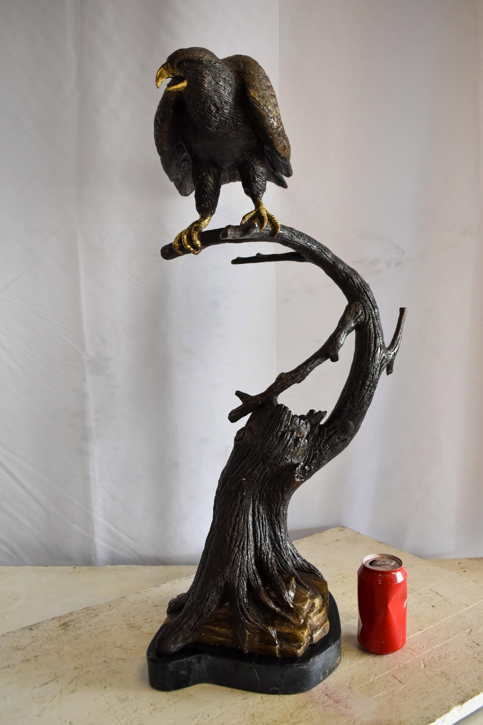 Observant Hawk on Arched Branch Bronze Statue 17" x 19" x 32"H - 5