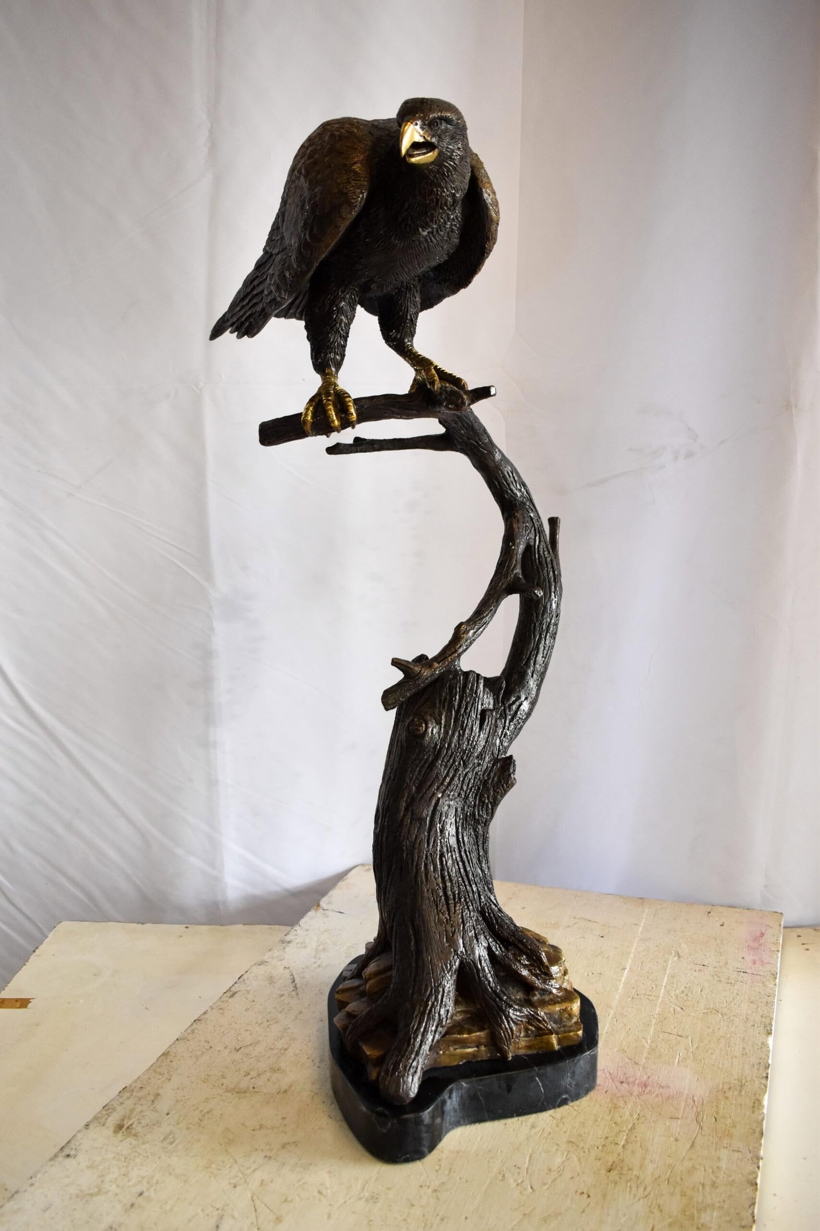 Observant Hawk on Arched Branch Bronze Statue 17" x 19" x 32"H - 6