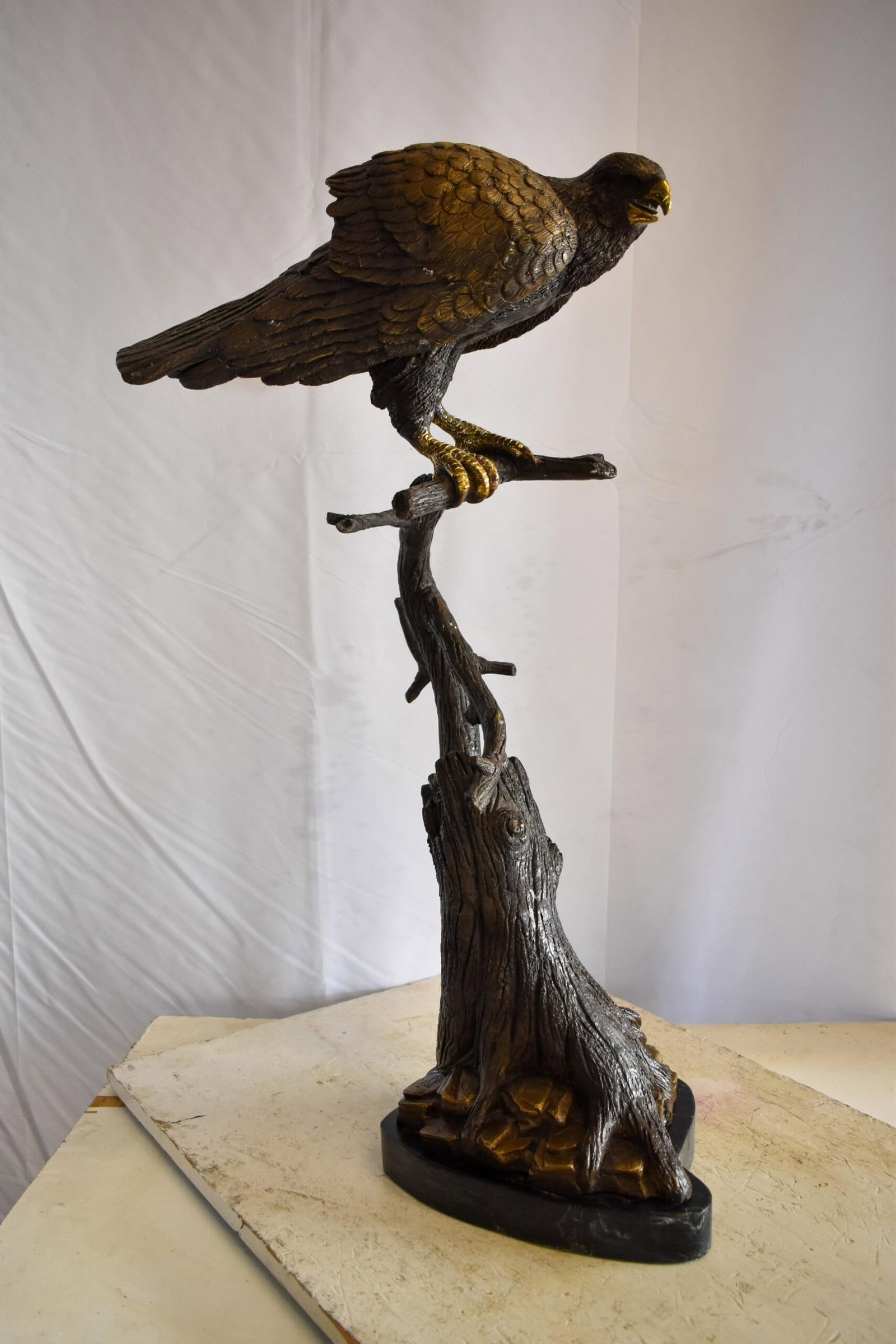 Observant Hawk on Arched Branch Bronze Statue 17" x 19" x 32"H - 7