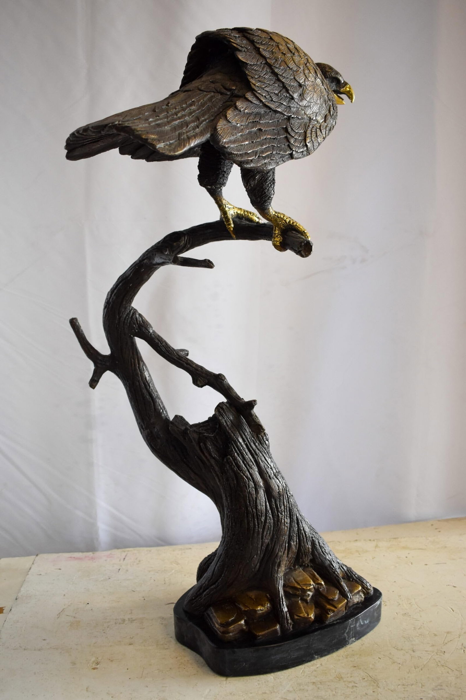 Observant Hawk on Arched Branch Bronze Statue 17" x 19" x 32"H - 8