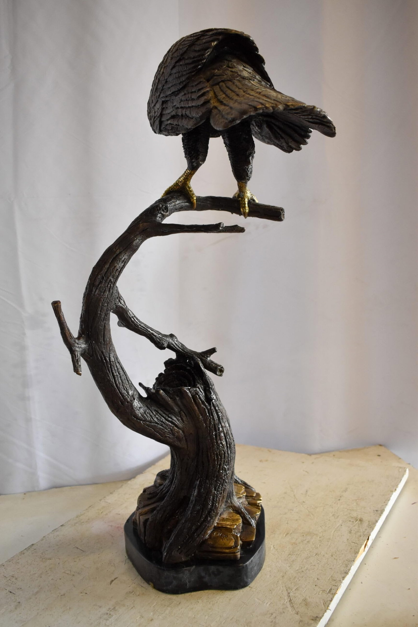 Observant Hawk on Arched Branch Bronze Statue 17" x 19" x 32"H - 9