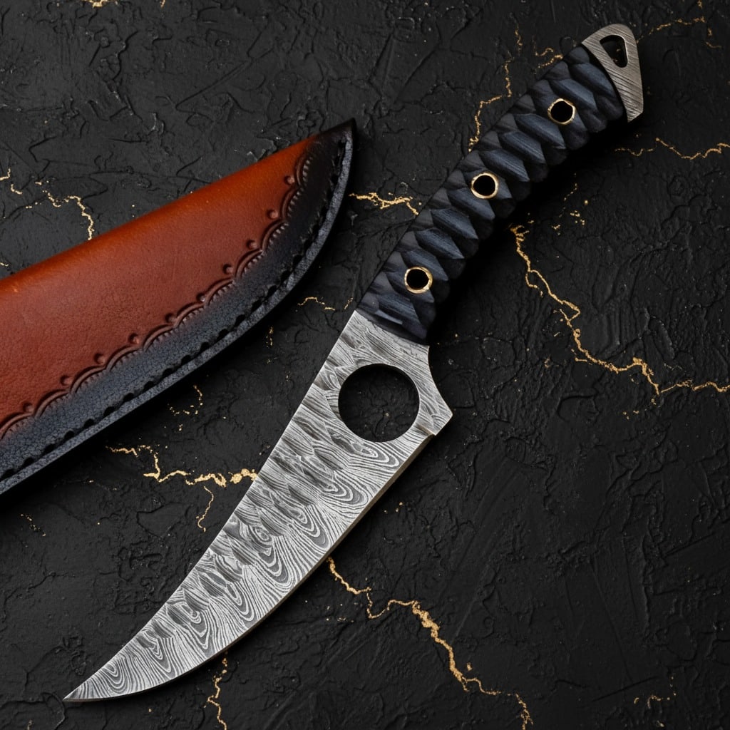Hand Forged Damascus Steel Tactical Tracker Survival Hunting Knife & Sheath: Title:Hand Forged Damascus Steel Tactical Tracker Survival Hunting Knife & Sheath Description:This custom hand-forged Damascus steel EDC skinner hunting knife features a blade constructed from 512